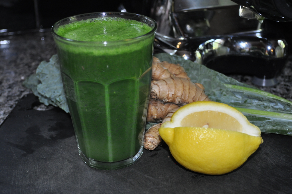 Green juice with kale, lemon, celery and ginger