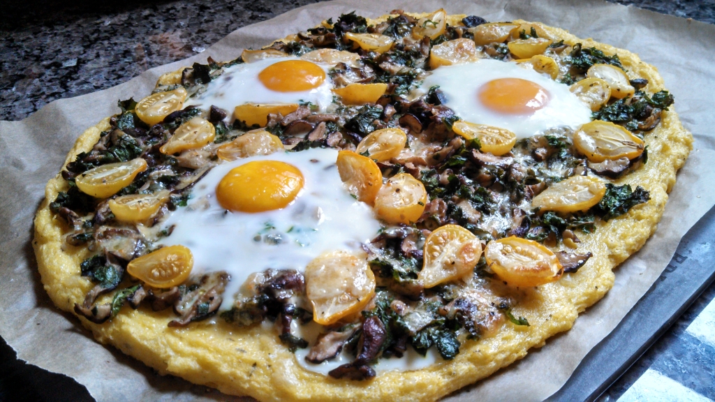 Polenta Pizza with Mushrooms, Kale and Cherry Tomatoes - Eat Happy