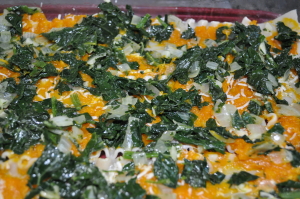 Garlic infused spinach is layered with the squash and noodles