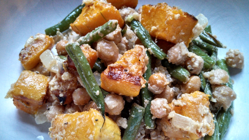 Roasted butternut squash salad with two beans and tahini lemon