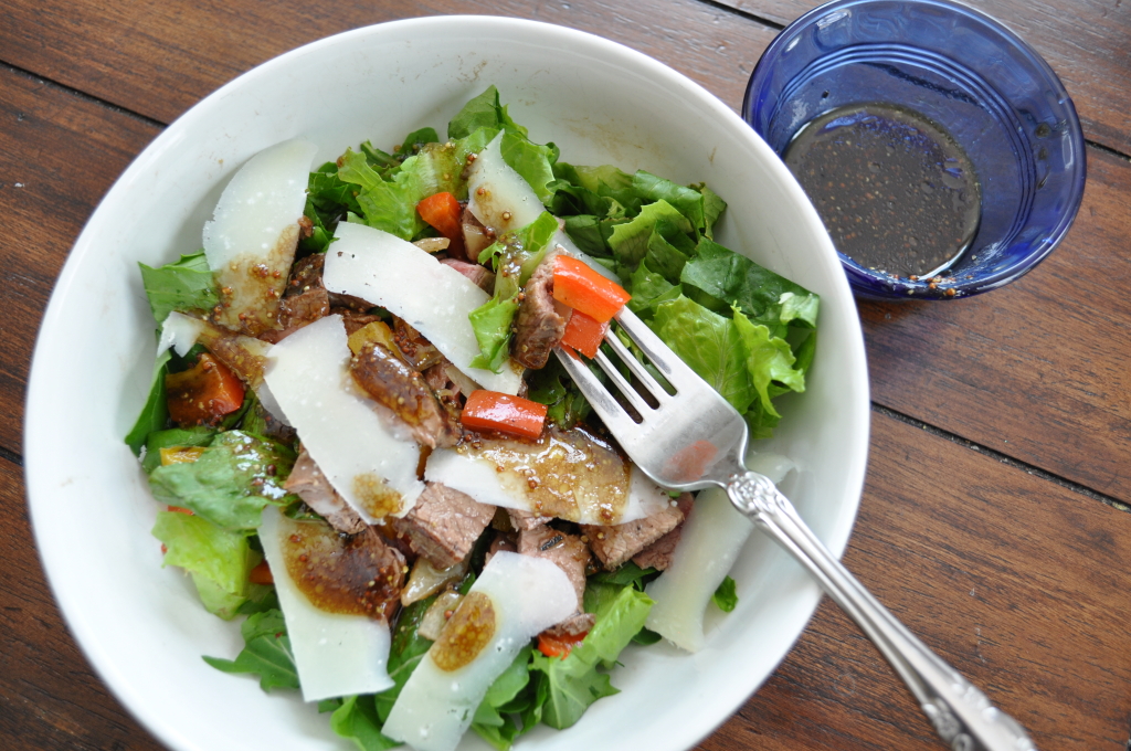 Arugula and Steak Salad with Grilled Onions and Peppers, Shaved