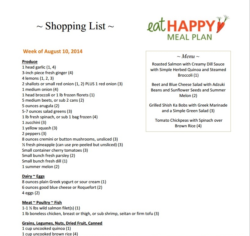 Eat Happy Meal Plan Menu and Shopping List Week of Aug 10, 2014