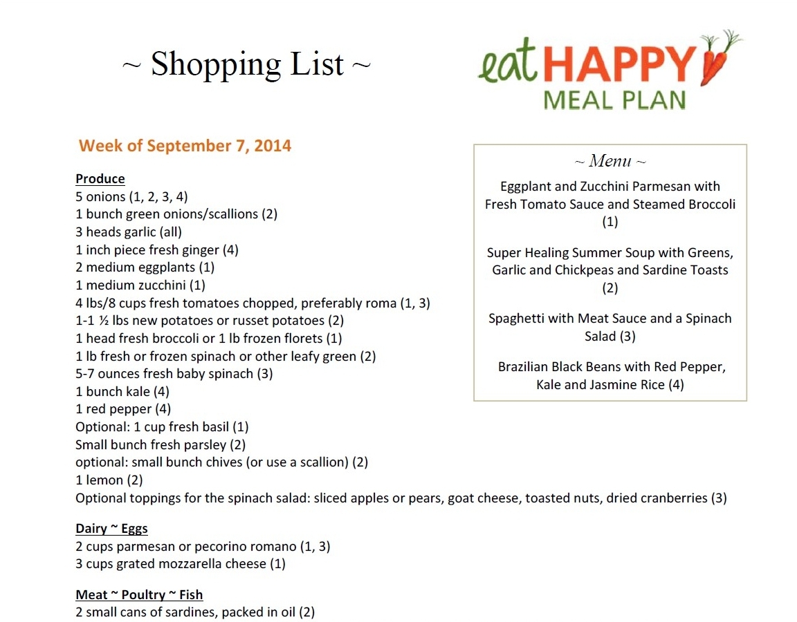 Meal Plan Menu Week of September 7-13, 2014