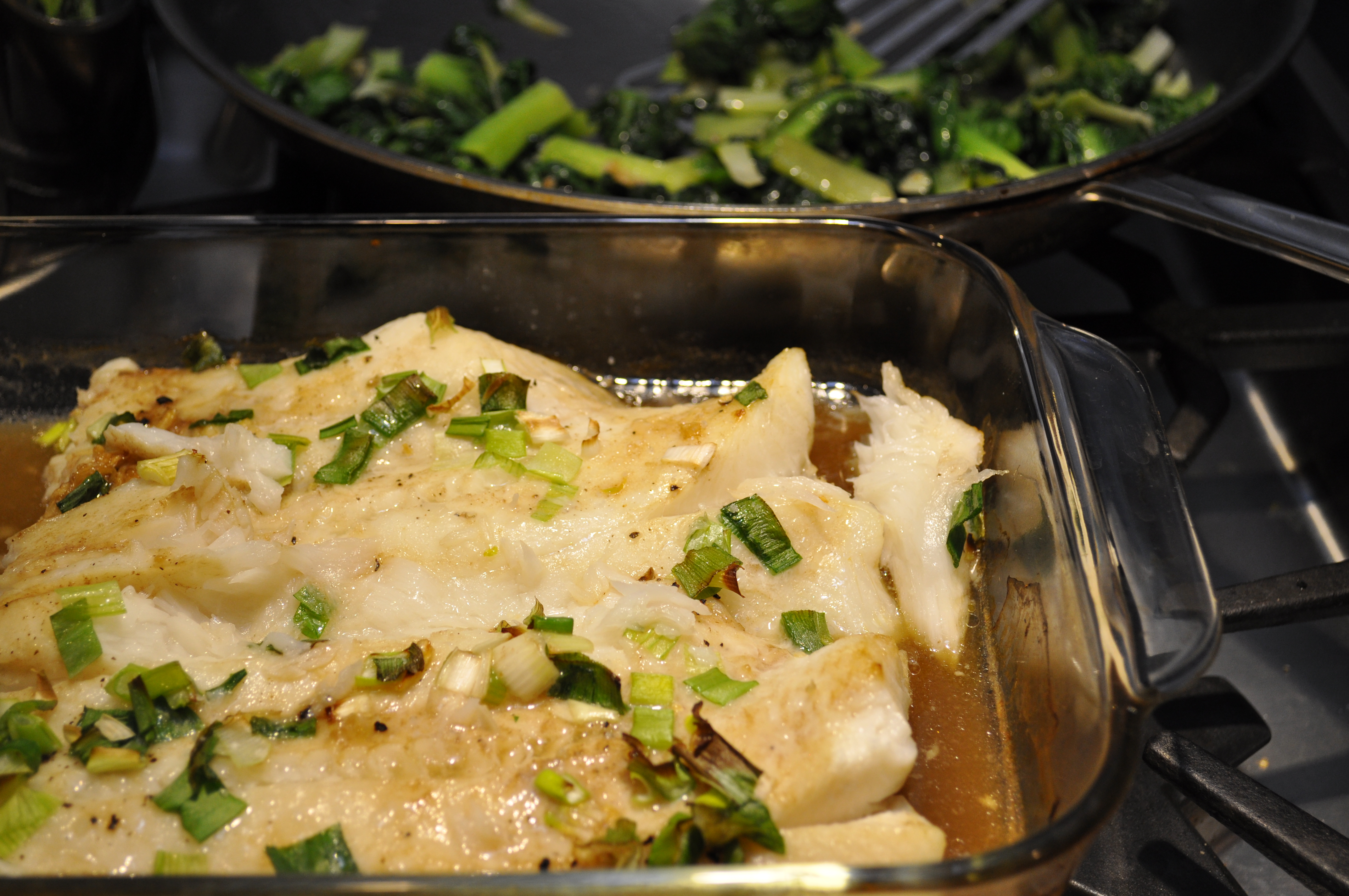 Honey and Soy Glazed Turbot with Garlic Greens